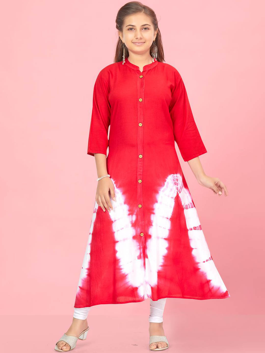 

BAESD Girls Abstract Printed Mandarin Collar A-Line Kurta, Red