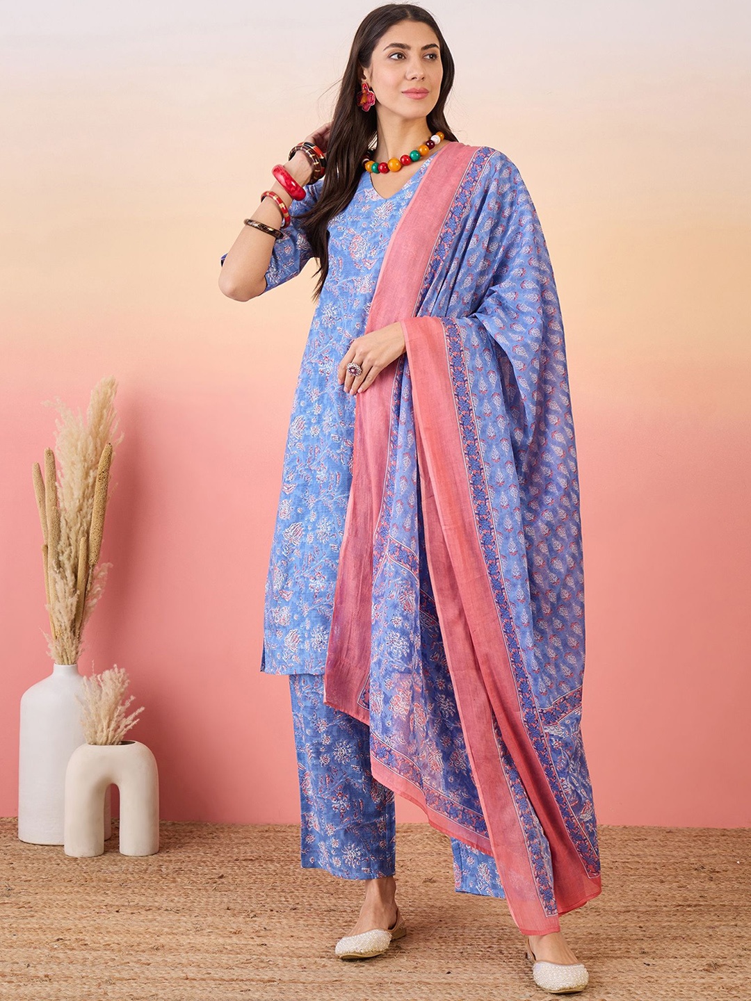 

Sangria Blue Floral Printed Pure Cotton V-Neck Straight Kurta With Trousers & Dupatta