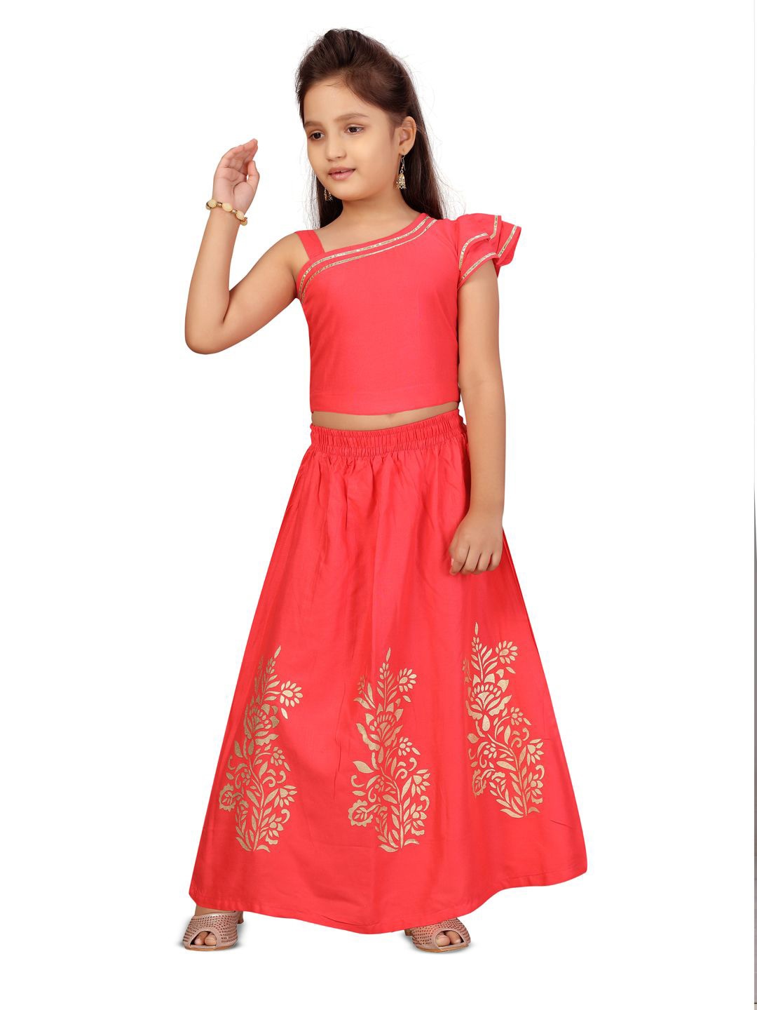 

BAESD Girls Floral Printed Cotton Ready To Wear Lehenga & Blouse, Orange