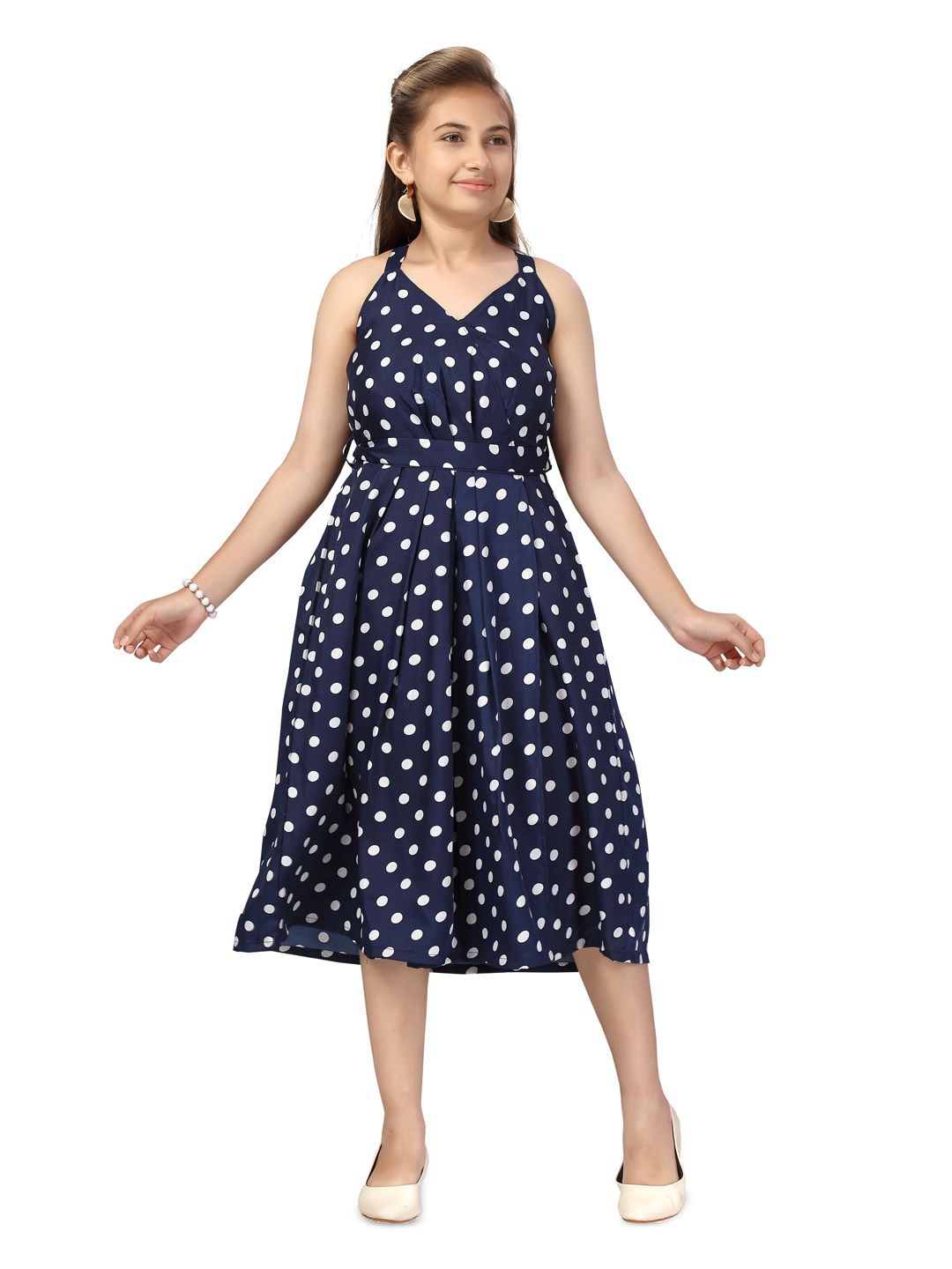 

BAESD Girls Polka Dot Printed Fit and Flare Midi Dress, Navy blue