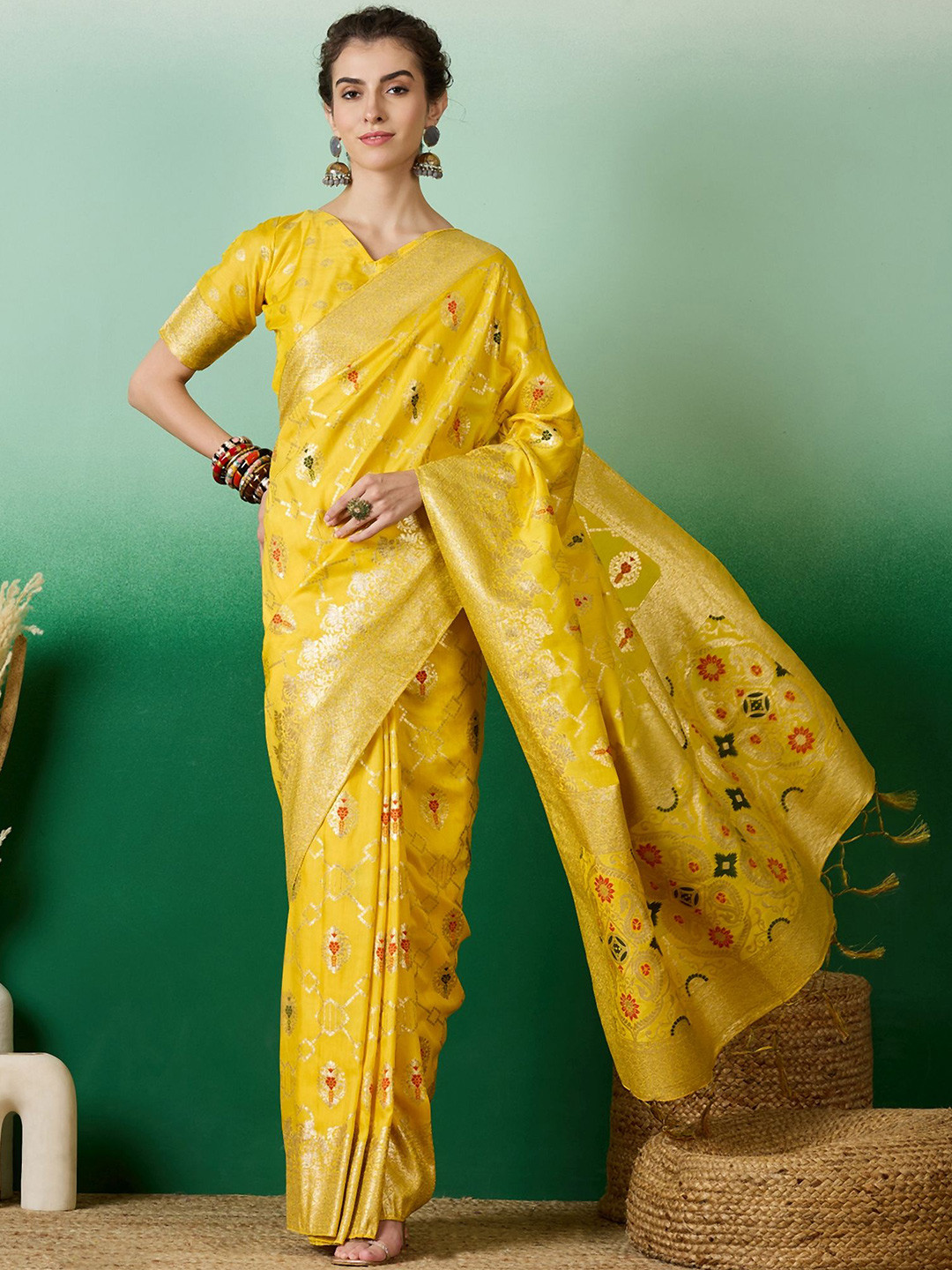

VIRICA Woven Design Zari Saree, Yellow