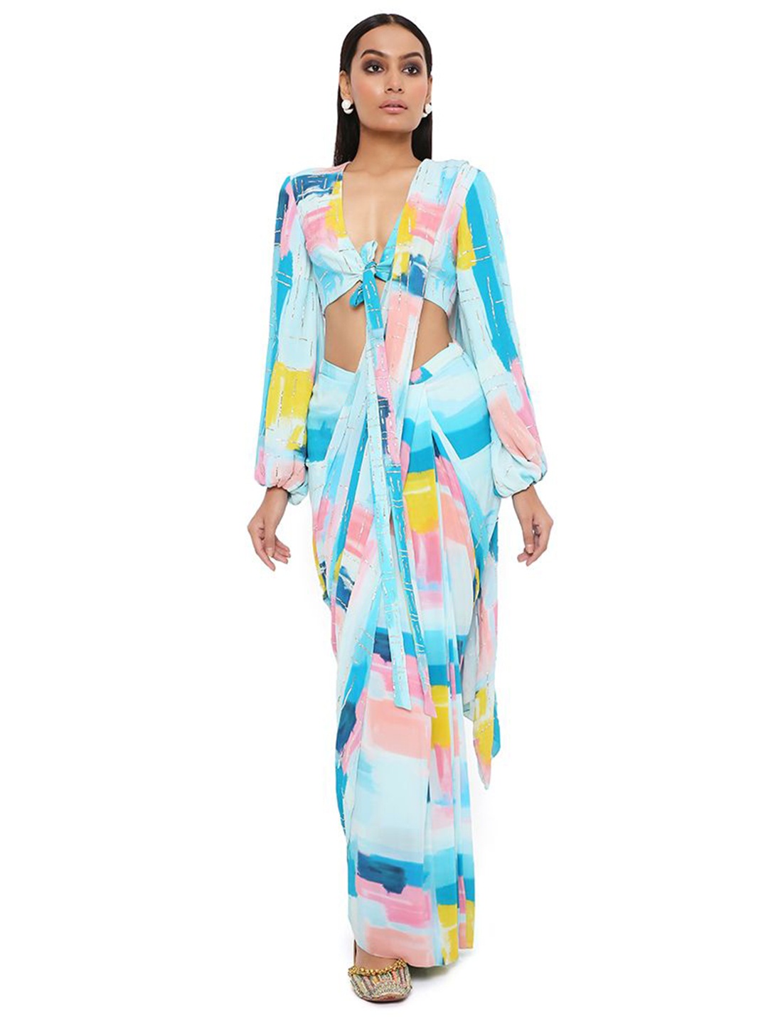 

Payal Singhal Naisha Painterly Abstract Printed Georgette Party Pre-stitched Saree, Blue