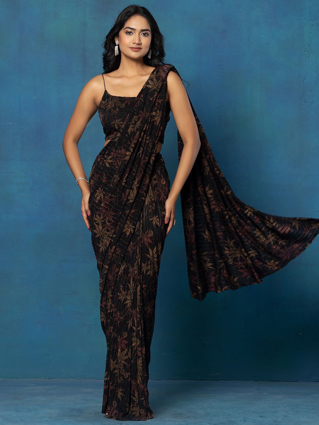 

Rang by Indya Floral Ready to Wear Saree with Blouse, Black