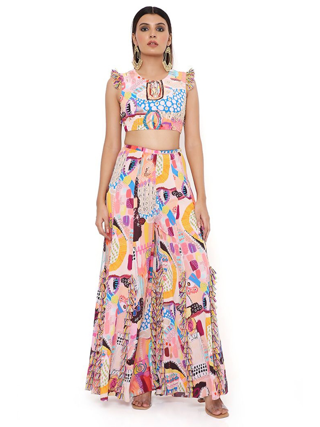 

Payal Singhal Printed Sleeveless Top & Flared Saharara Co-Ords, Peach