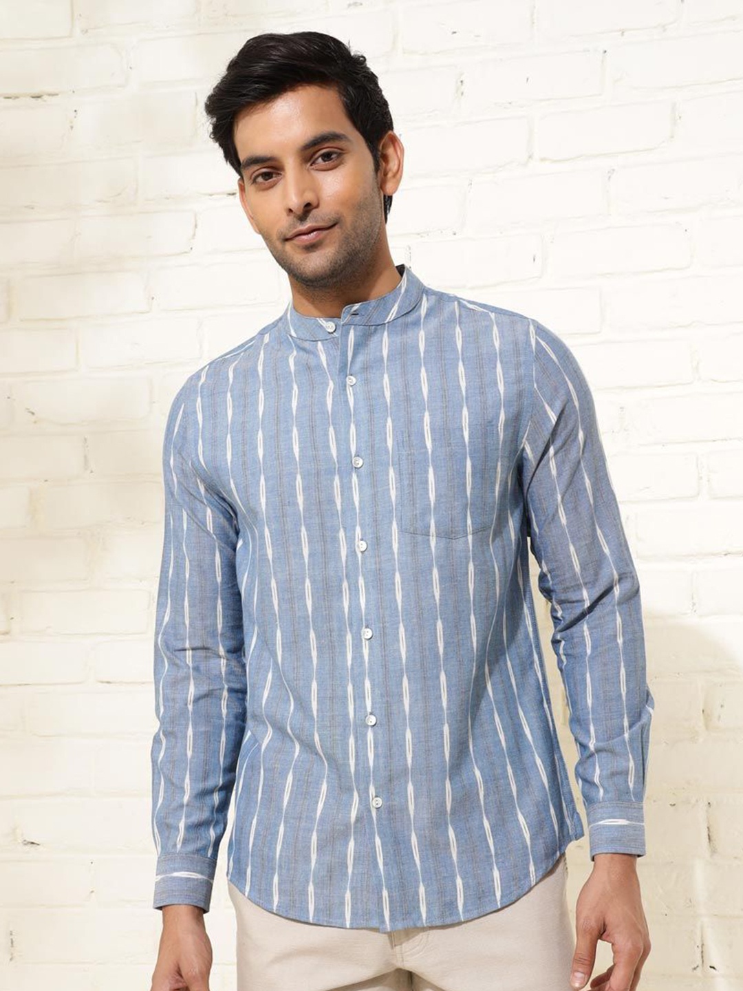 

Fabindia Men Cotton Slim Fit Opaque Striped Casual Shirt, Blue