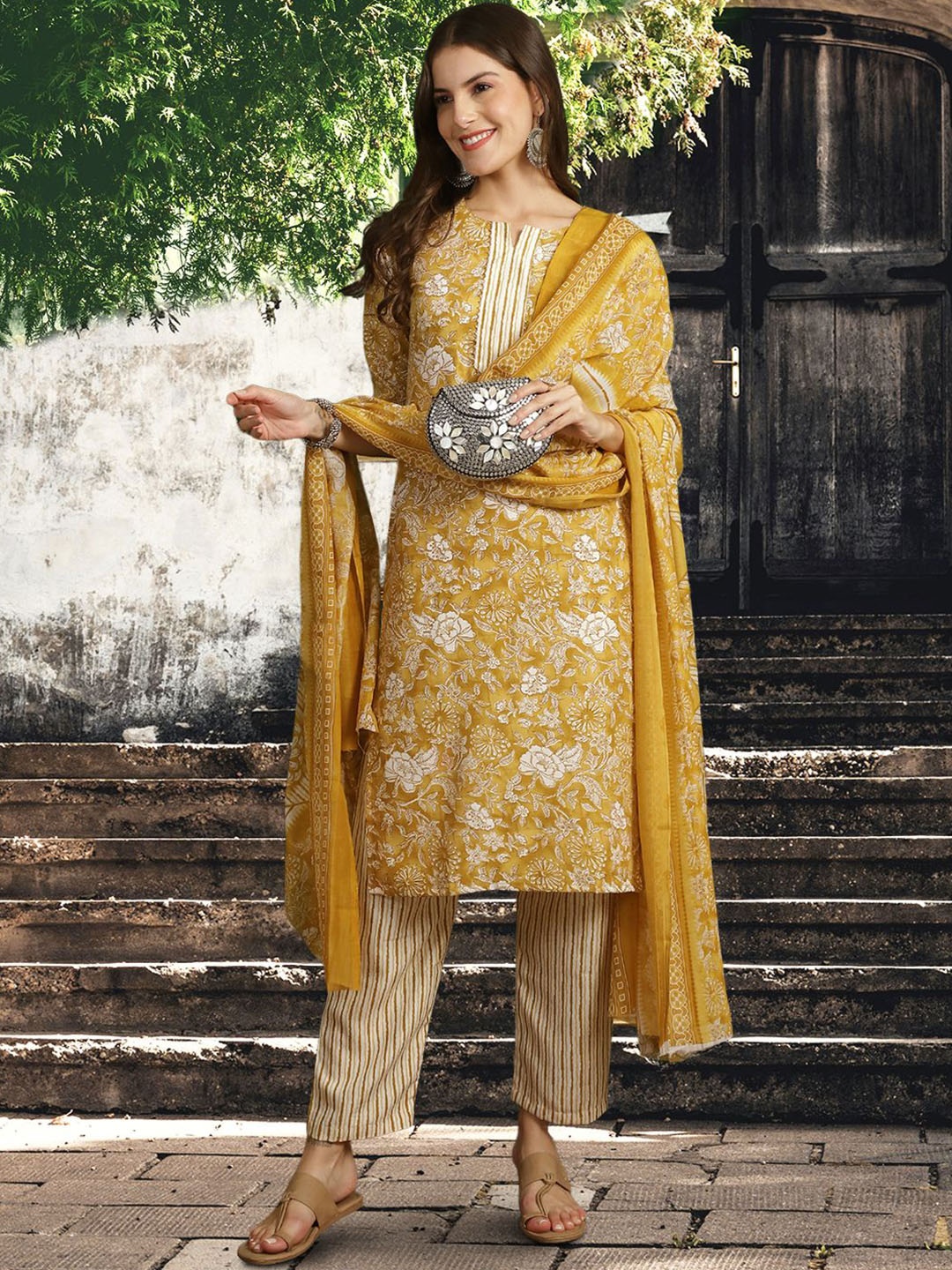

7Threads Printed Notch Neck Pure Cotton Straight Kurta With Trousers & Dupatta, Mustard