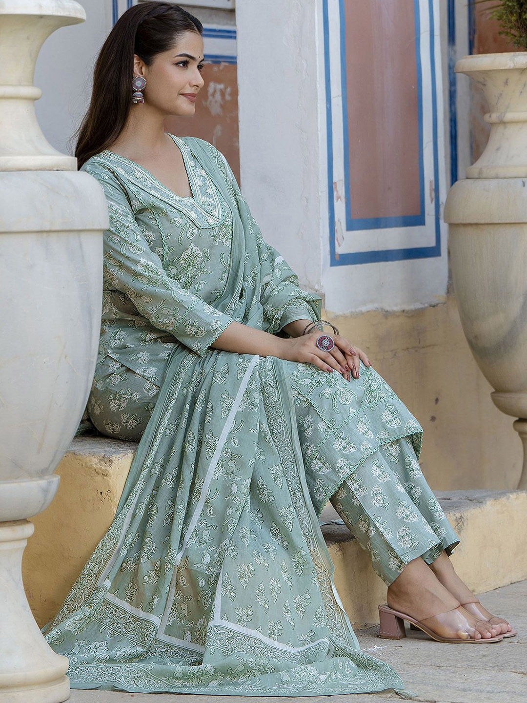 

Anouk Floral Printed Regular Aari Work Pure Cotton Straight Kurta With Trousers & Dupatta, Green