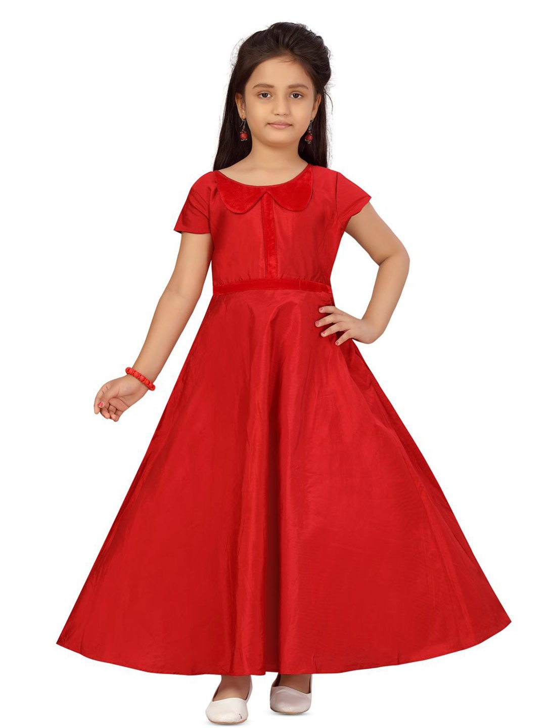 

BAESD Girls Peter Pan Collar Short Sleeves Cotton Fit & Flare Maxi Dress, Red