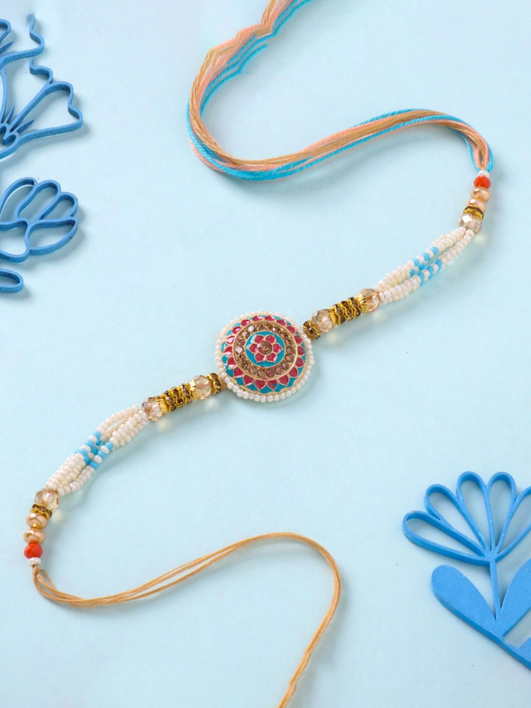 

Floweraura Beaded Rakhi Bracelet With Roli Chawal, White