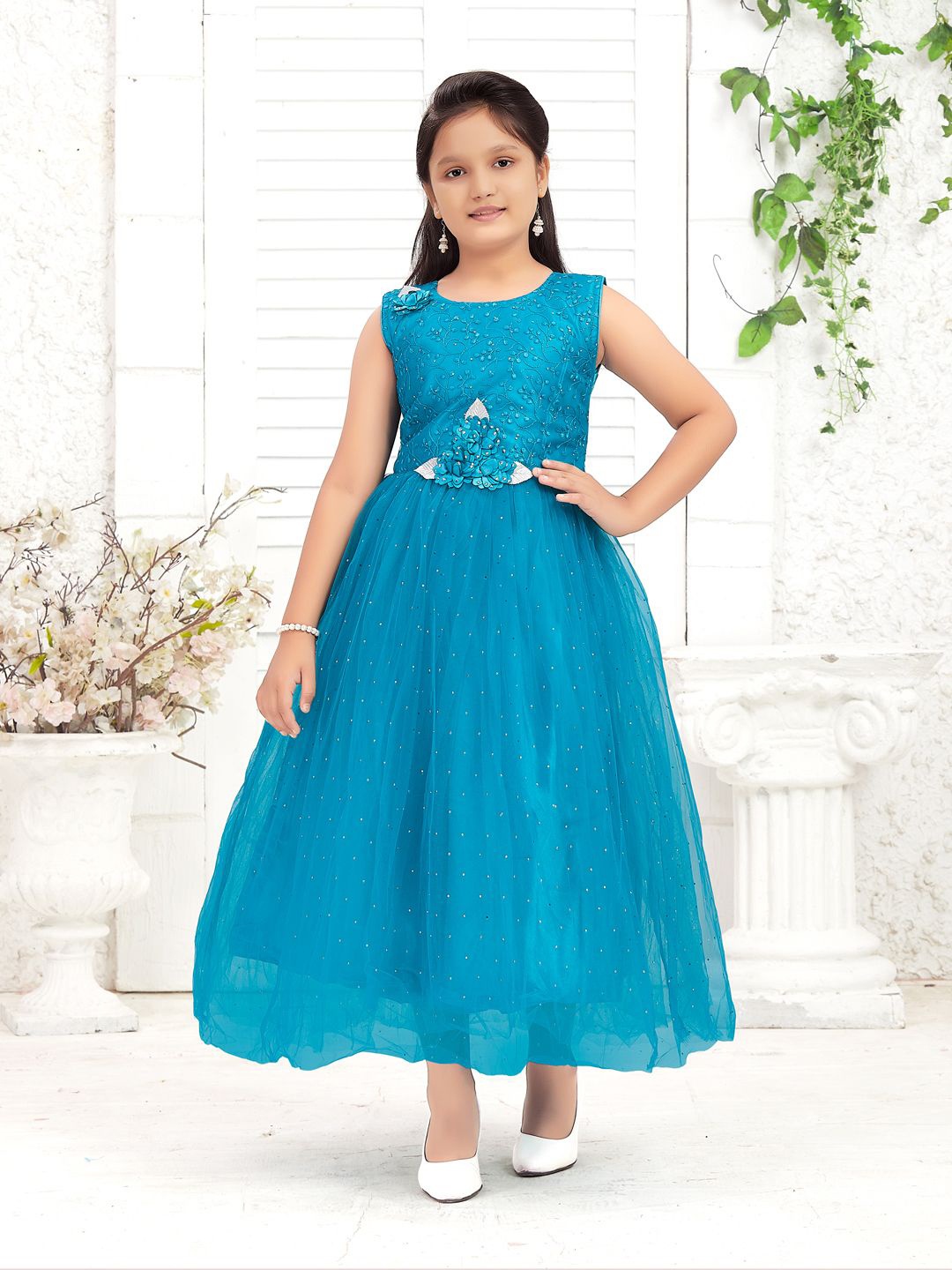 

BAESD Girls Embellished Net Fit & Flare Maxi Dress With Applique Detail, Turquoise blue