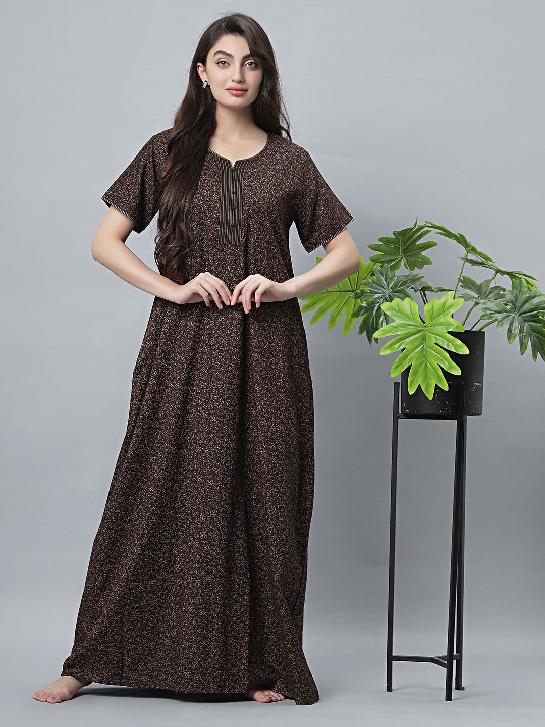 

QUIRA Printed Maxi Nightdress, Coffee brown