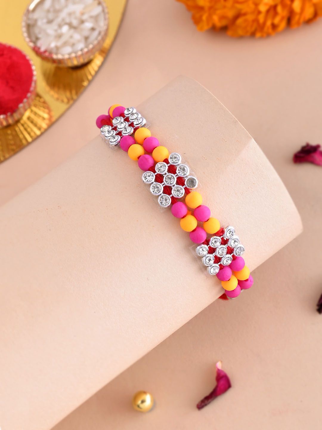 

Anouk Beaded Thread Rakhi With Roli Chawal & Greetings Card, Pink