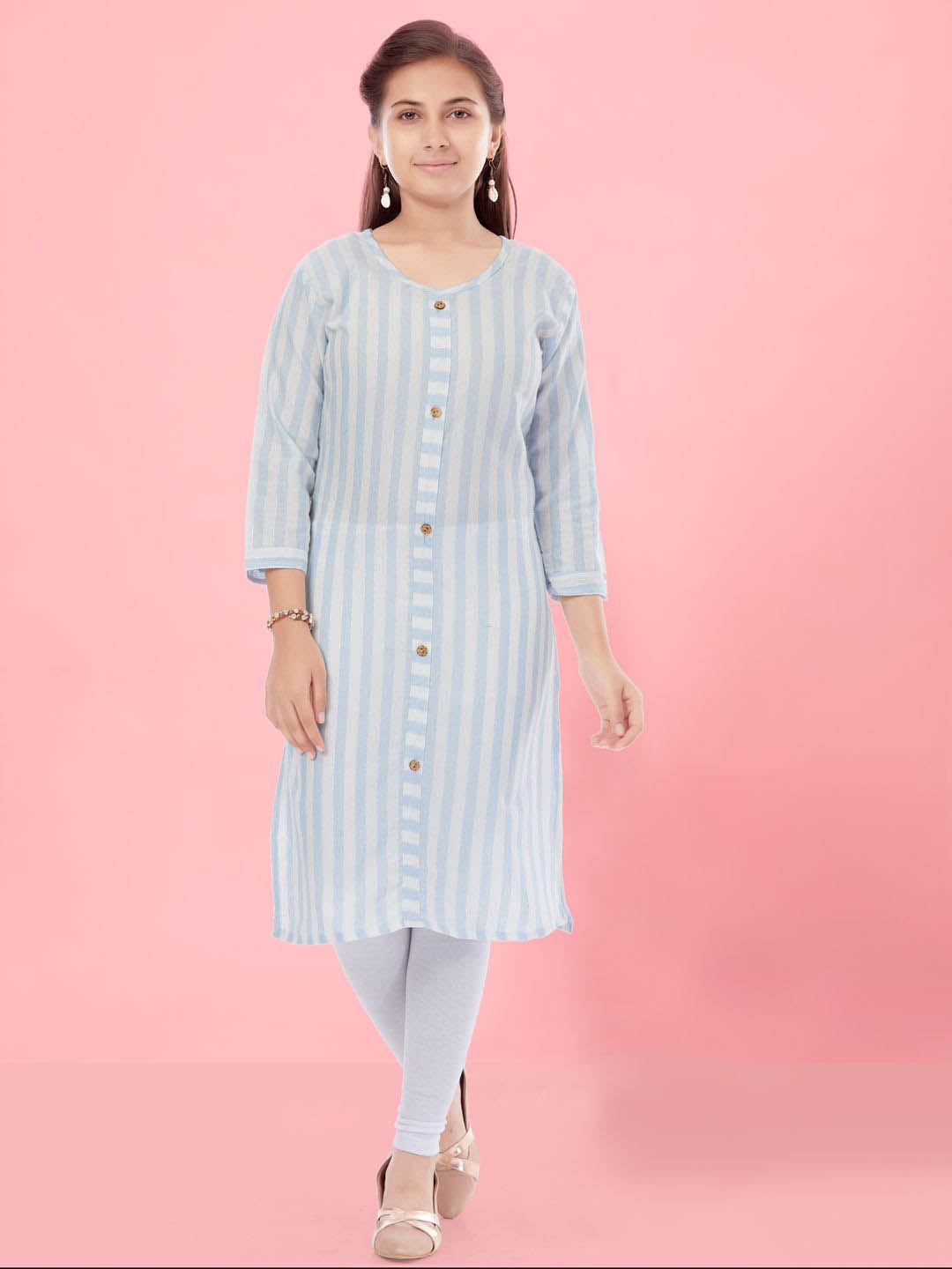 

BAESD Girls Striped Cotton Straight Kurta, Turquoise blue