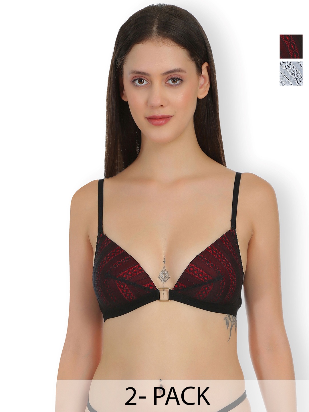 

SELFCARE Women Pack of 2 Half Coverage Lightly Padded Plunge Bra, Black