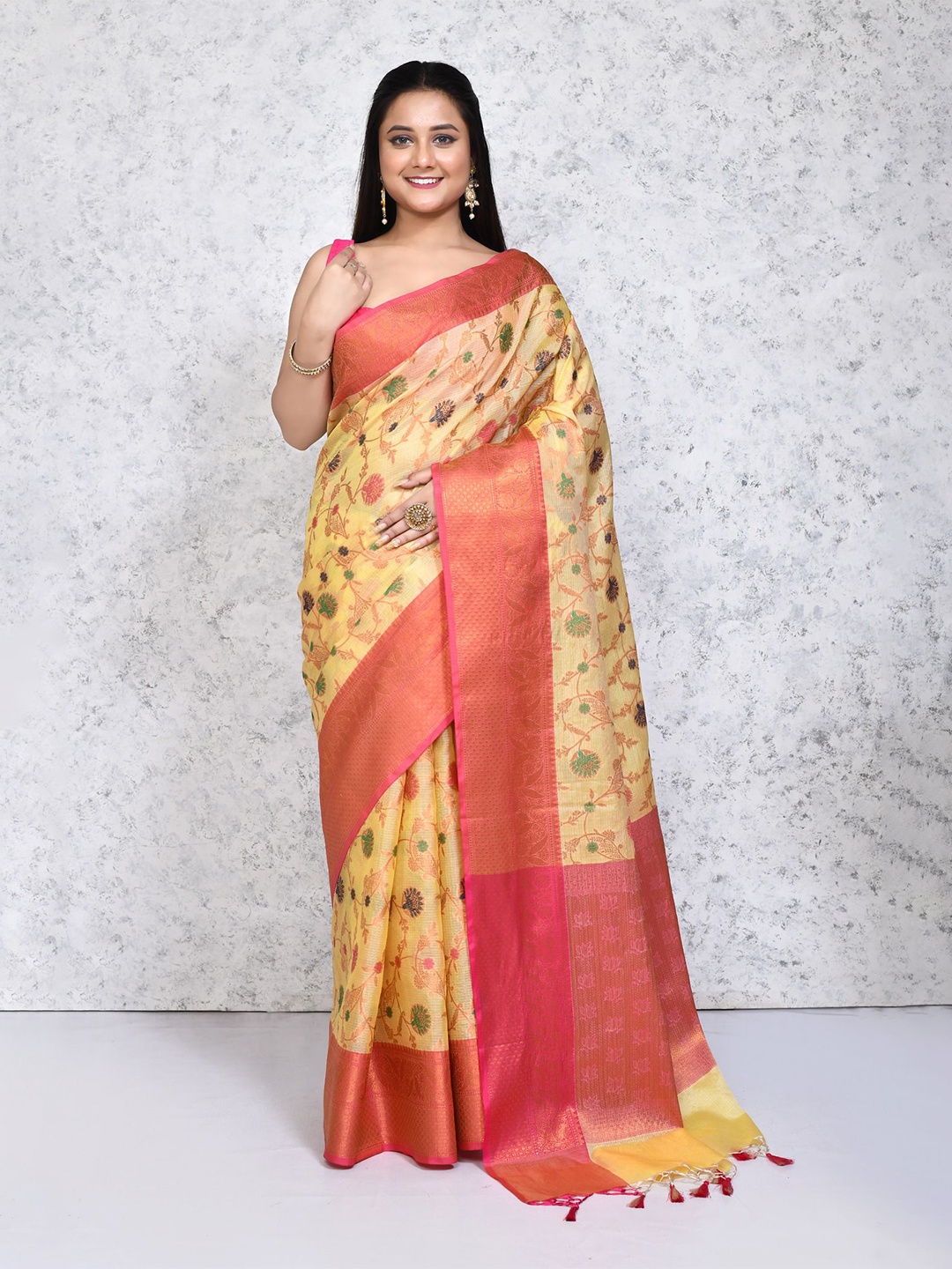 

SPRISH Ethnic Motifs Zari Pure Silk Saree, Yellow