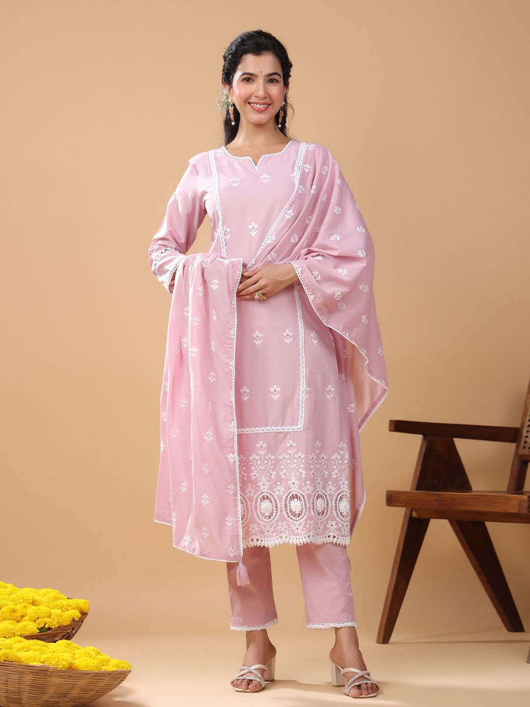 

Janasya Floral Embroidered Pure Cotton Straight Kurta With Trousers & Dupatta, Pink