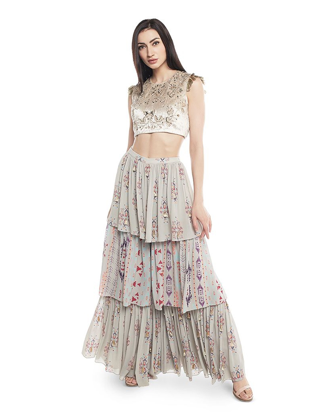 

Payal Singhal Embroidered Sleeveless Layered Georgette Velvet Crop Top With Sharara, Grey