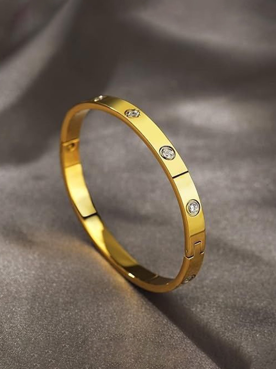 

MEENAZ Men American Diamond Gold Plated Stainless Steel Kada Bracelet