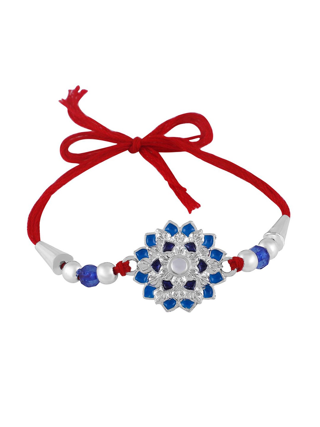 

Okos Rhodium Plated Floral Meenakari Thread Rakhi, Silver