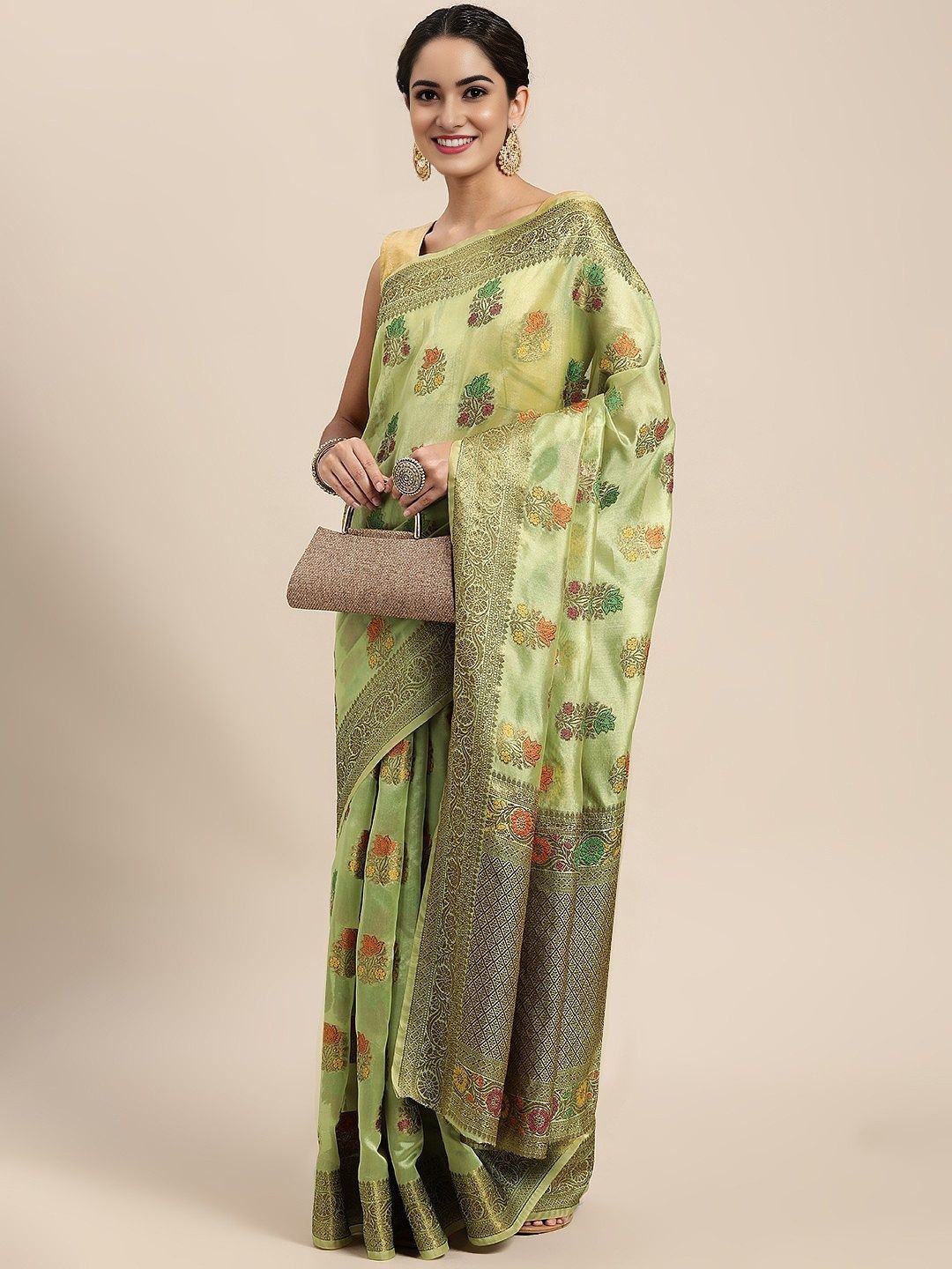 

KALINI Ethnic Motifs Zari Organza Banarasi Saree, Green