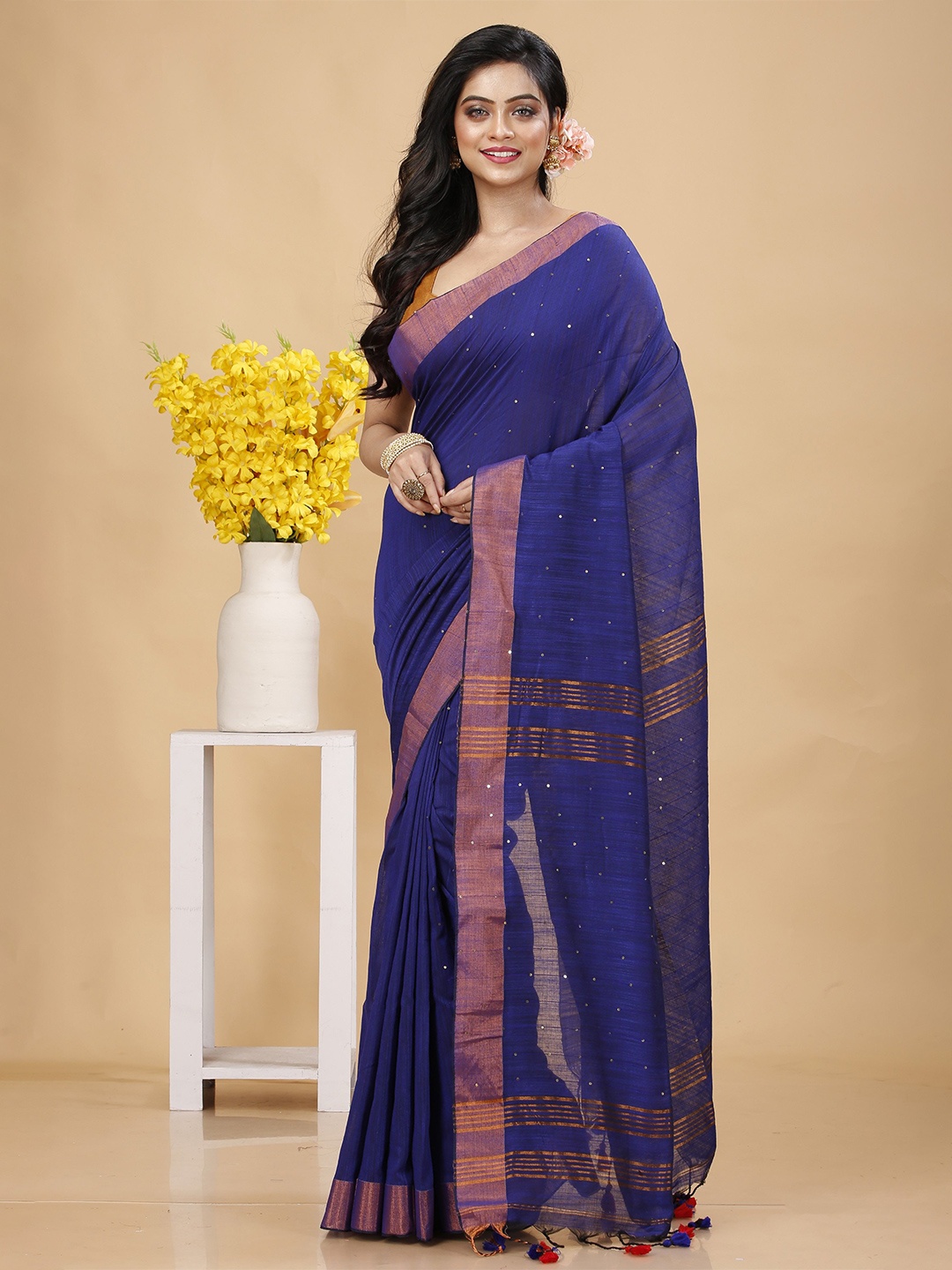 

SLAGHA Zari Embellished Taant Saree, Blue