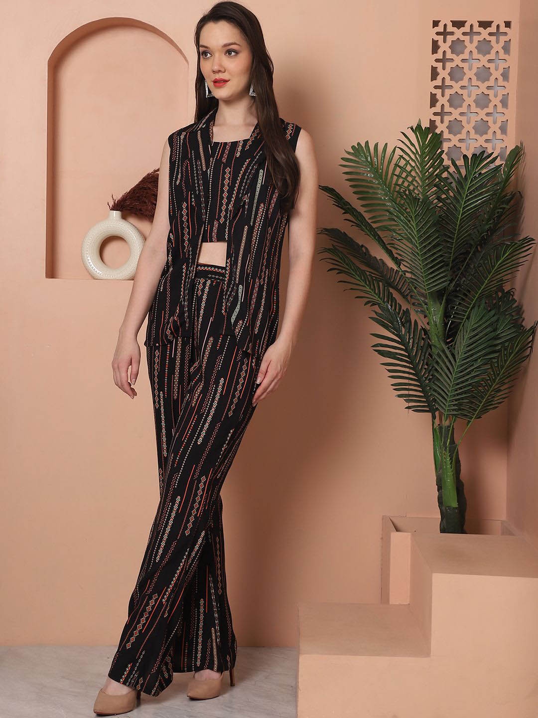 

Claura Black Printed Top & Trousers with Jacket