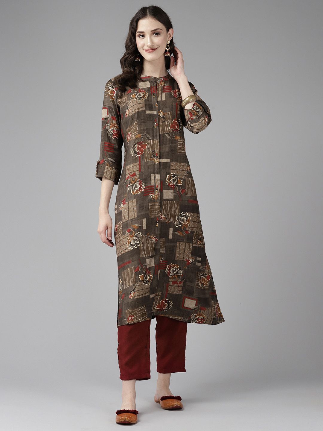 

BAESD Floral Printed Mandarin Collar Rol Up Sleeves Straight Kurta, Brown