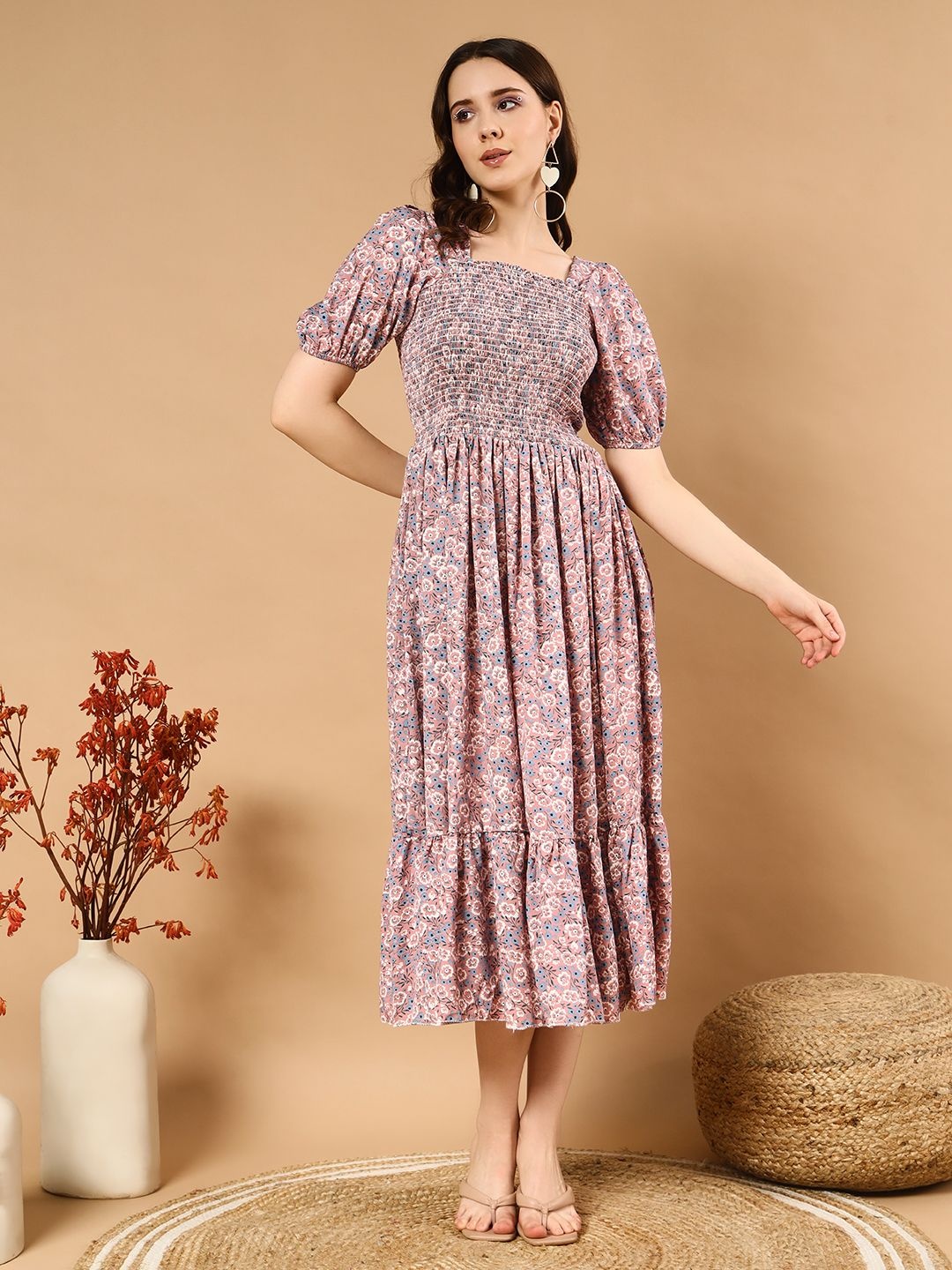 

DEKLOOK Puff Sleeves Fit & Flare Floral Midi Dress, Peach