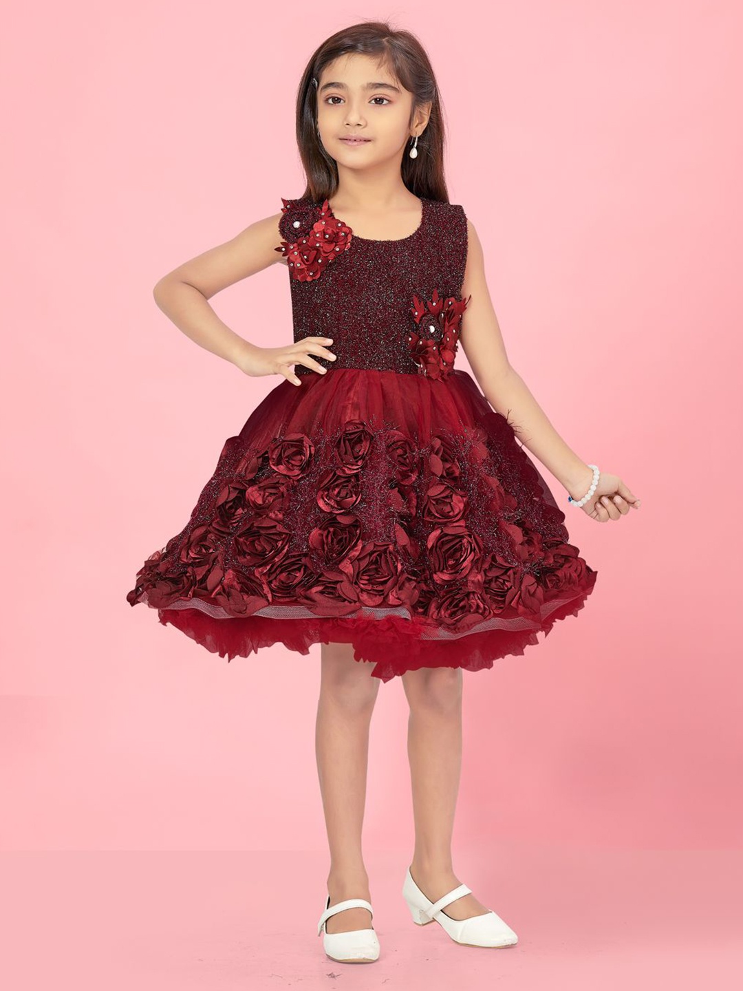 

BAESD Girls Embellished Applique Details Net Fit & Flare Dress, Maroon