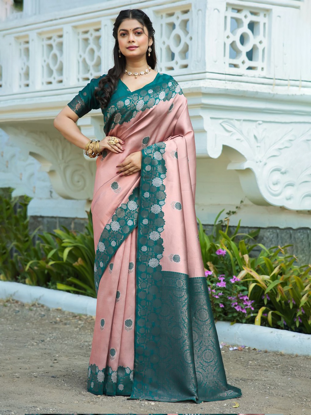 

COSBILA FASHION Ethnic Motifs Zari Banarasi Saree, Green