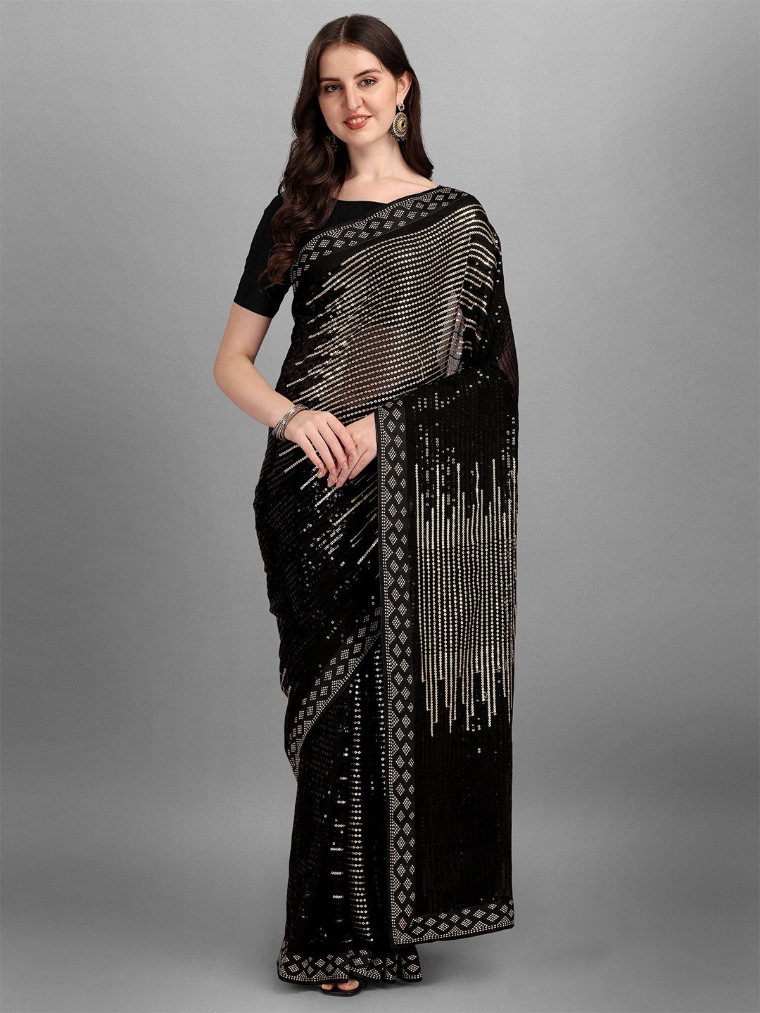 

QVAZOR Embellished Sequinned Pure Georgette Heavy Work Saree, Black