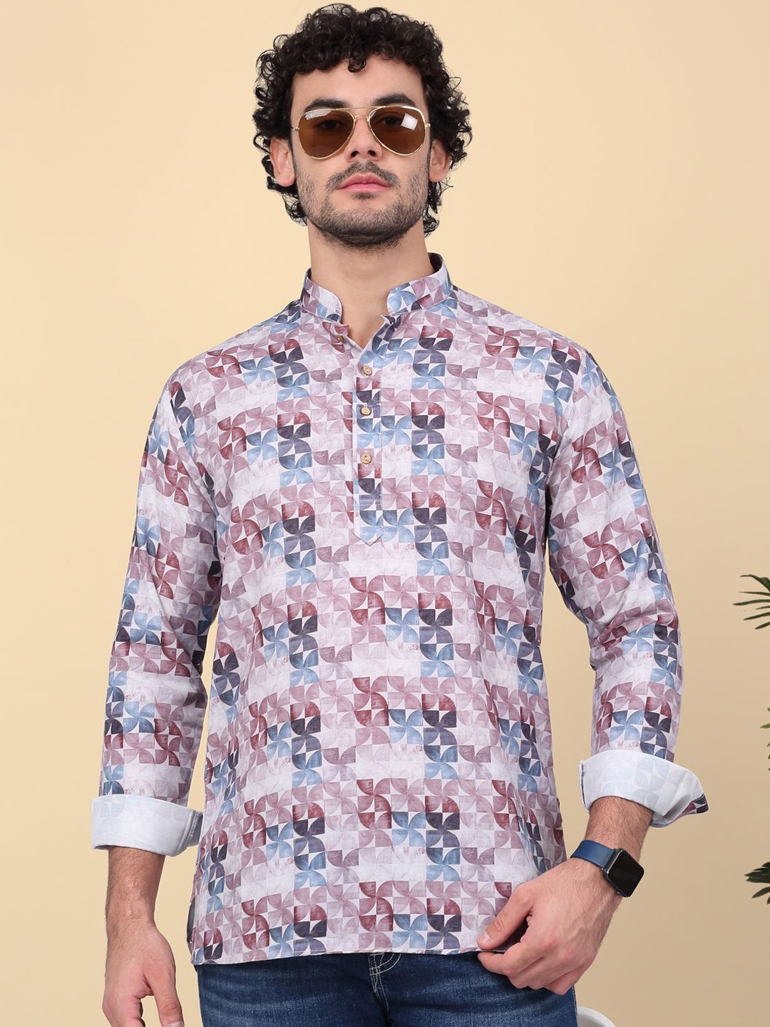 

KRAFT INDIA Floral Printed Mandarin Collar Regular Cotton Short Kurta, Purple