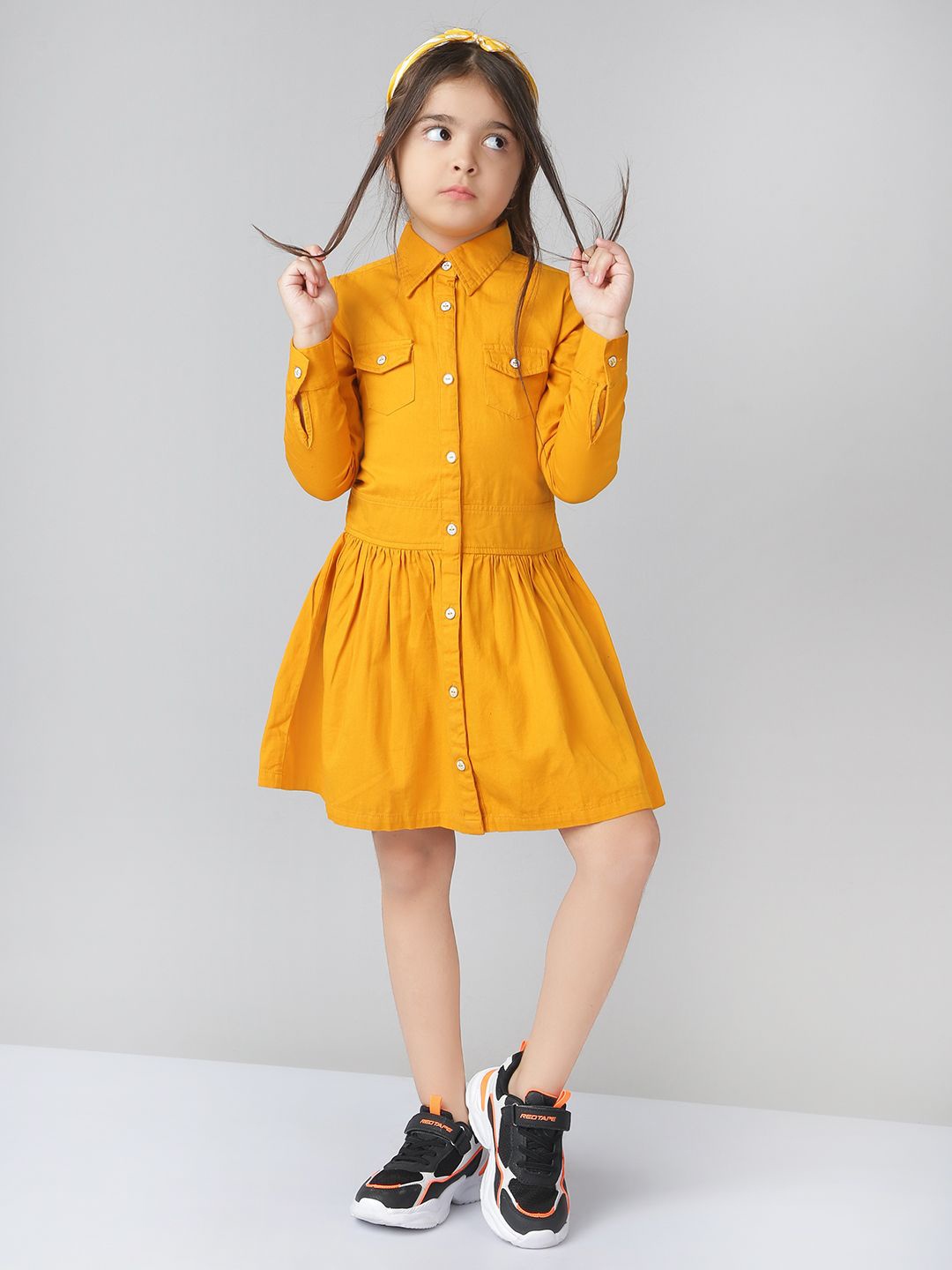 

Naughty Ninos Girls Pure Cotton Shirt Collar Drop-Waist Dress, Mustard