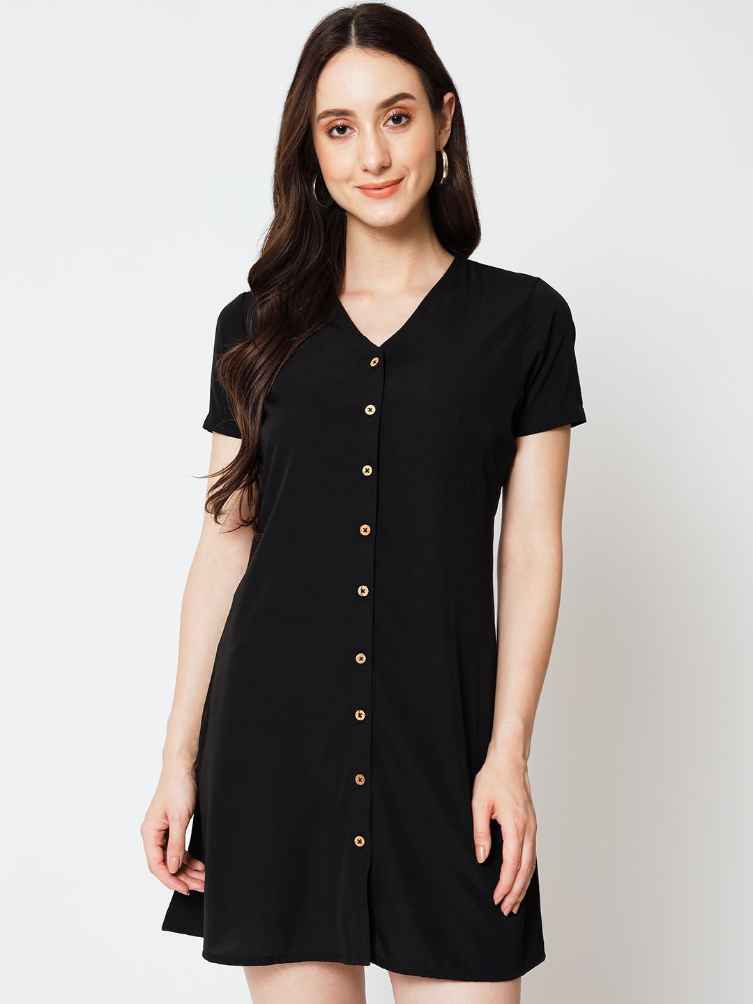 

Yaadleen Georgette V-Neck Short Sleeves Mini Shirt Dress, Black