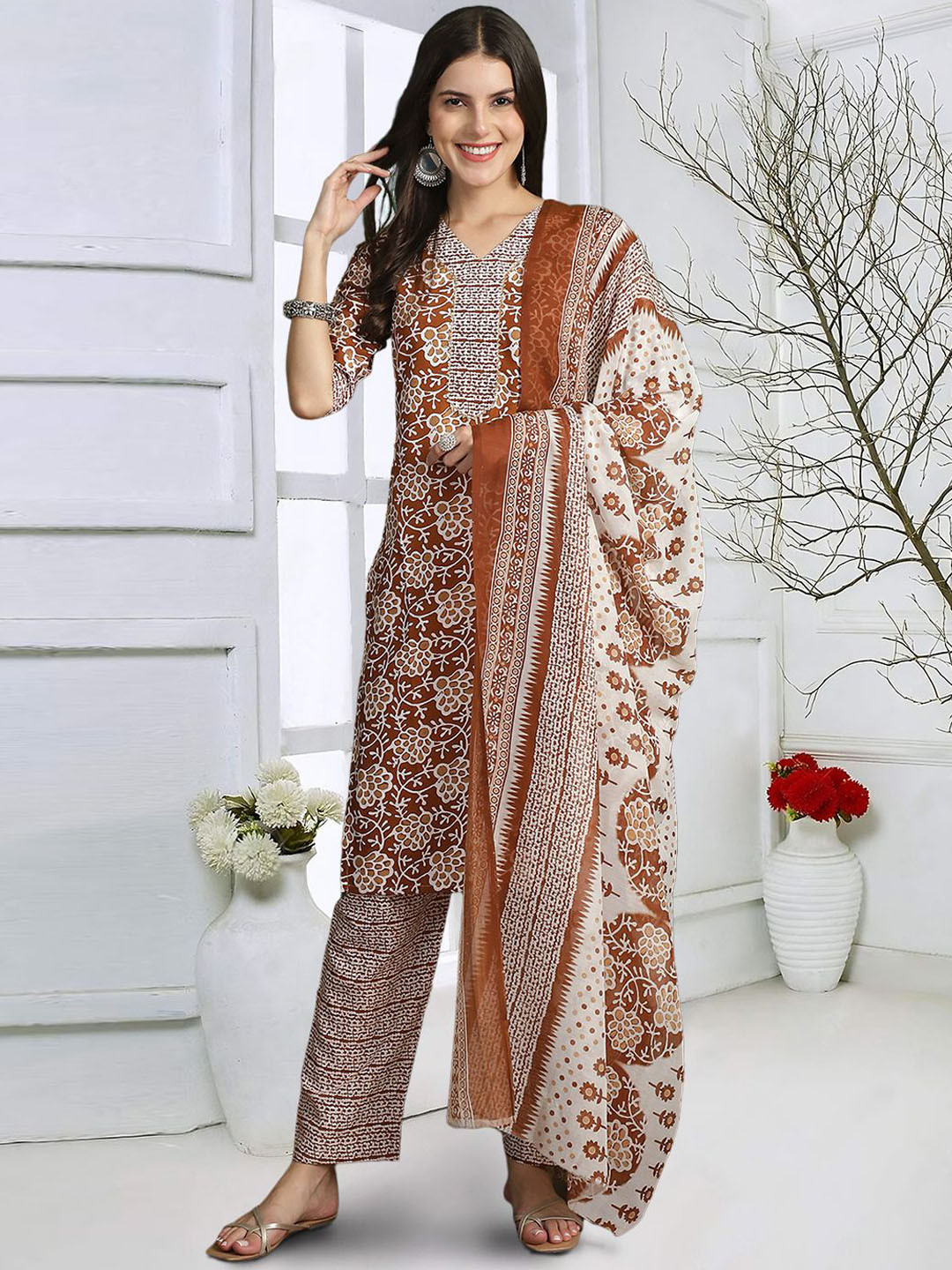 

1 Stop Fashion Floral Printed Pure Cotton Straight Kurta with Trousers & Dupatta, Rust