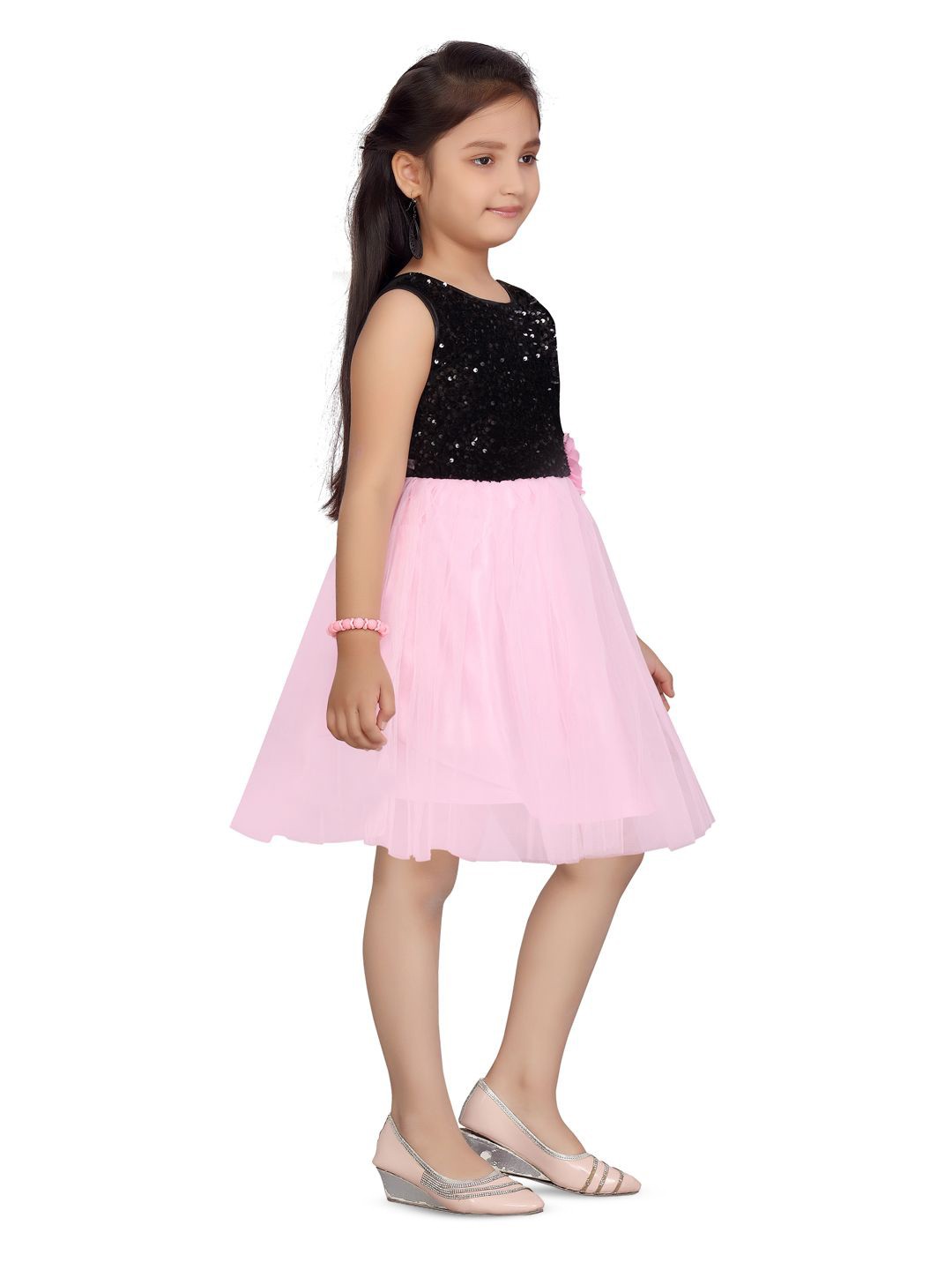 

BAESD Girls Embellished Round Neck Sleeveless Net Fit & Flare Dress, Pink