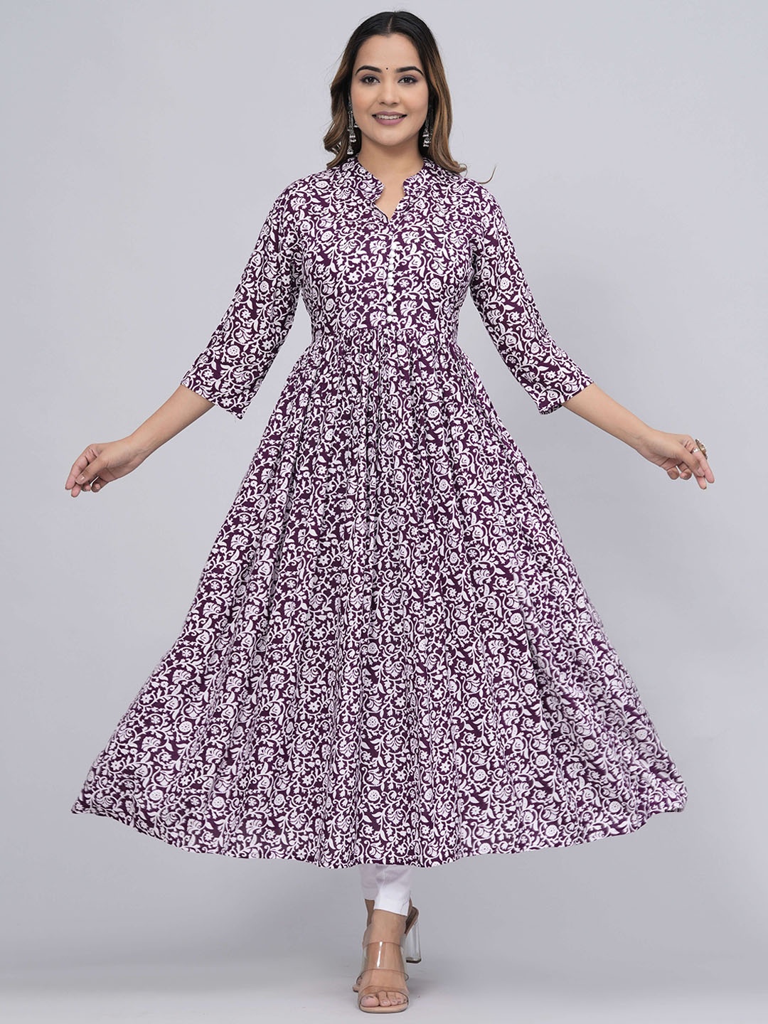 

Sanganeri Kurti Floral Printed Mandarin Collar Anarkali Kurta, Purple