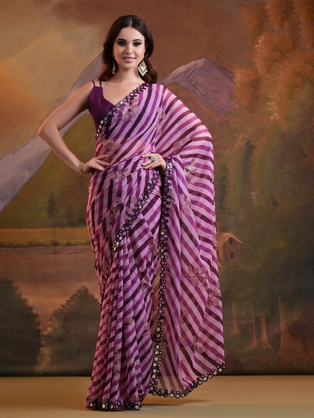 

QVAZOR Leheriya Pure Georgette Mirror Work Embellished Party Saree, Magenta