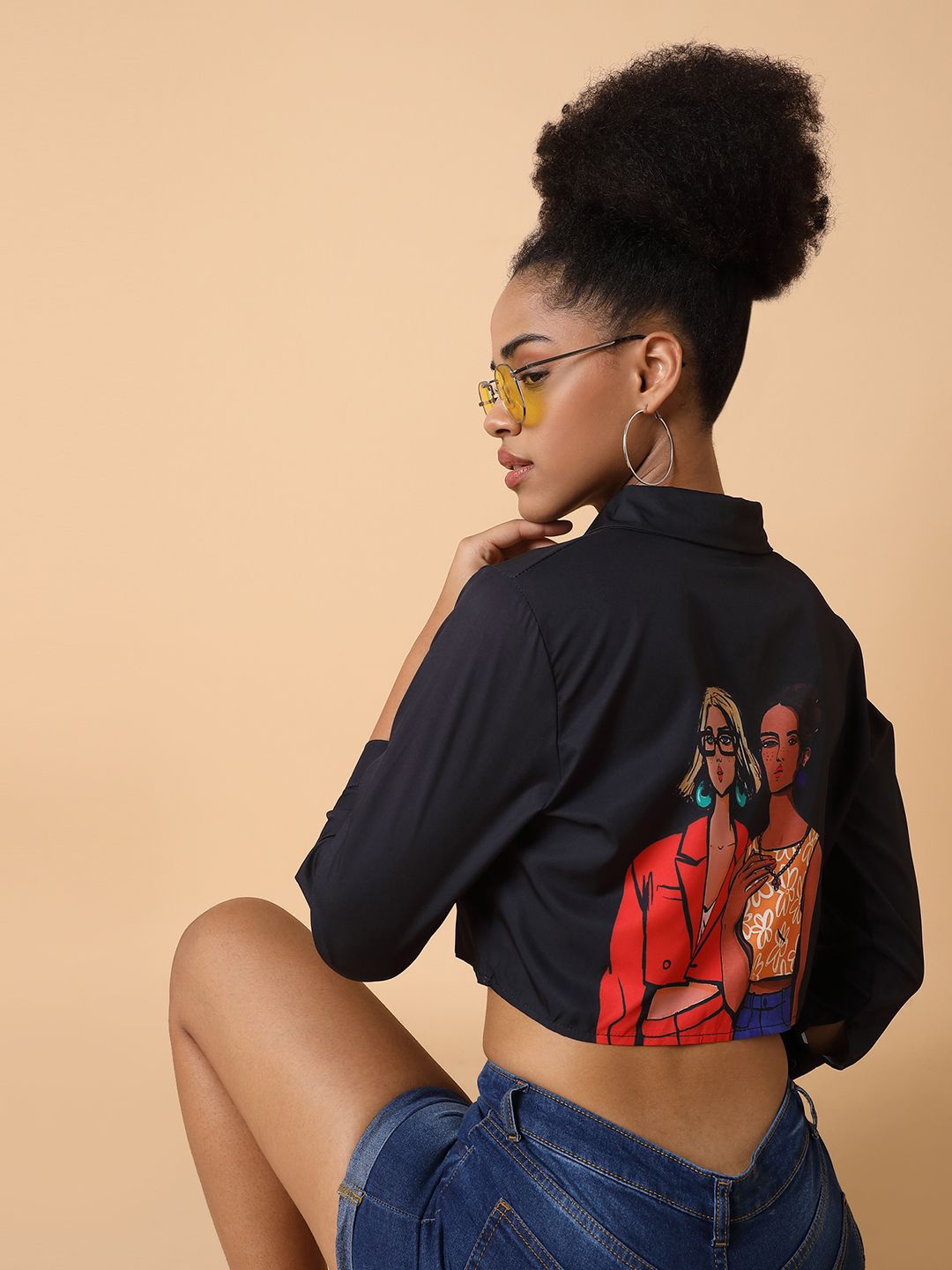 

SHOWOFF Women Comfort Spread Collar Graphic Printed Boxy Casual Shirt, Black