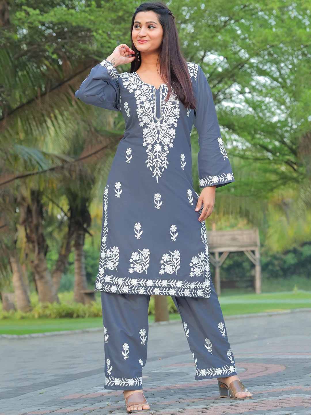 

Lilots Floral Embroidered Regular Chikankari Straight Kurta with Salwar, Grey