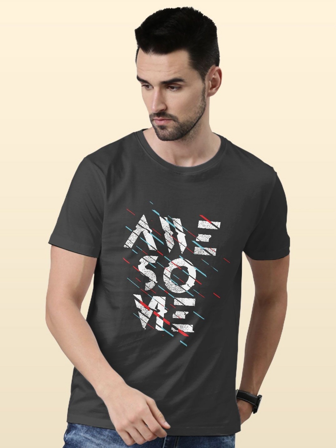 

macmerise Men Floral Printed Tropical Raw Edge T-shirt, Grey