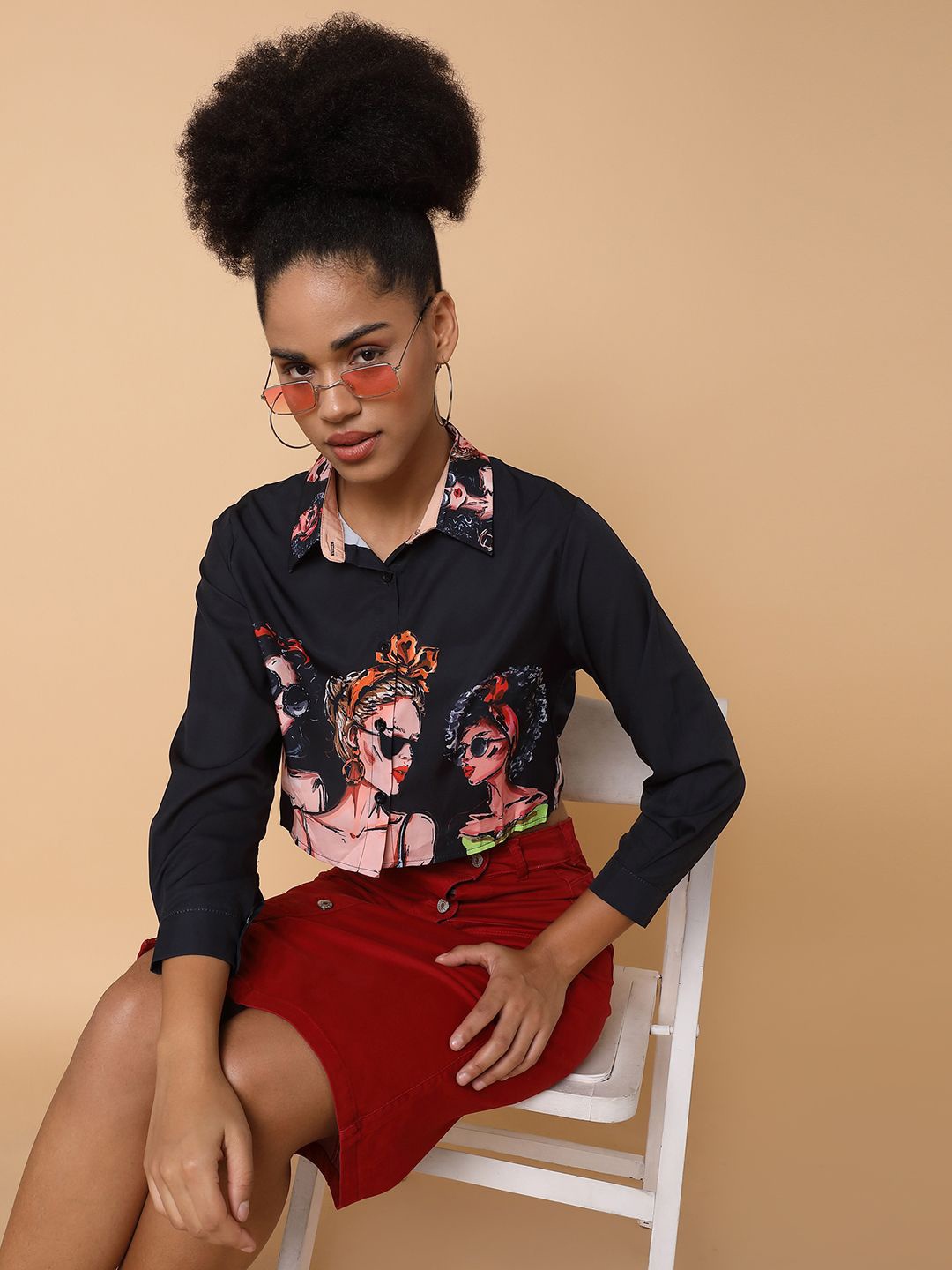 

SHOWOFF Women Comfort Spread Collar Graphic Printed Boxy Casual Shirt, Black