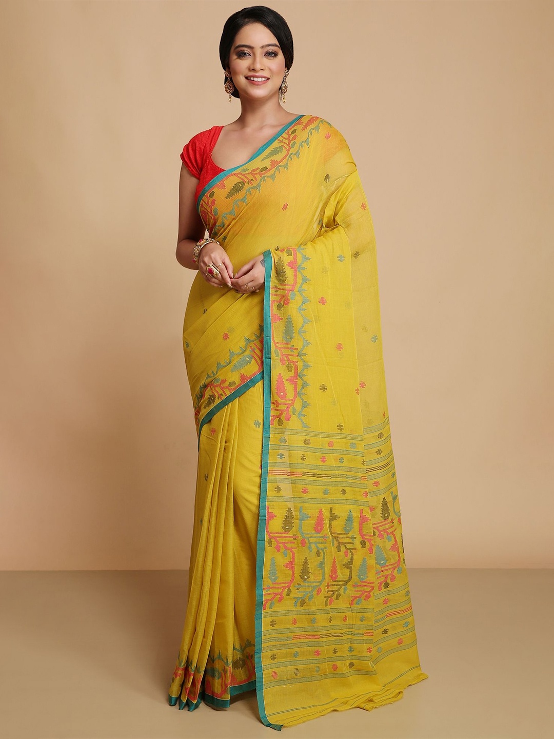 

WoodenTant Ethnic Motifs Pure Cotton Handloom Jamdani Saree, Yellow