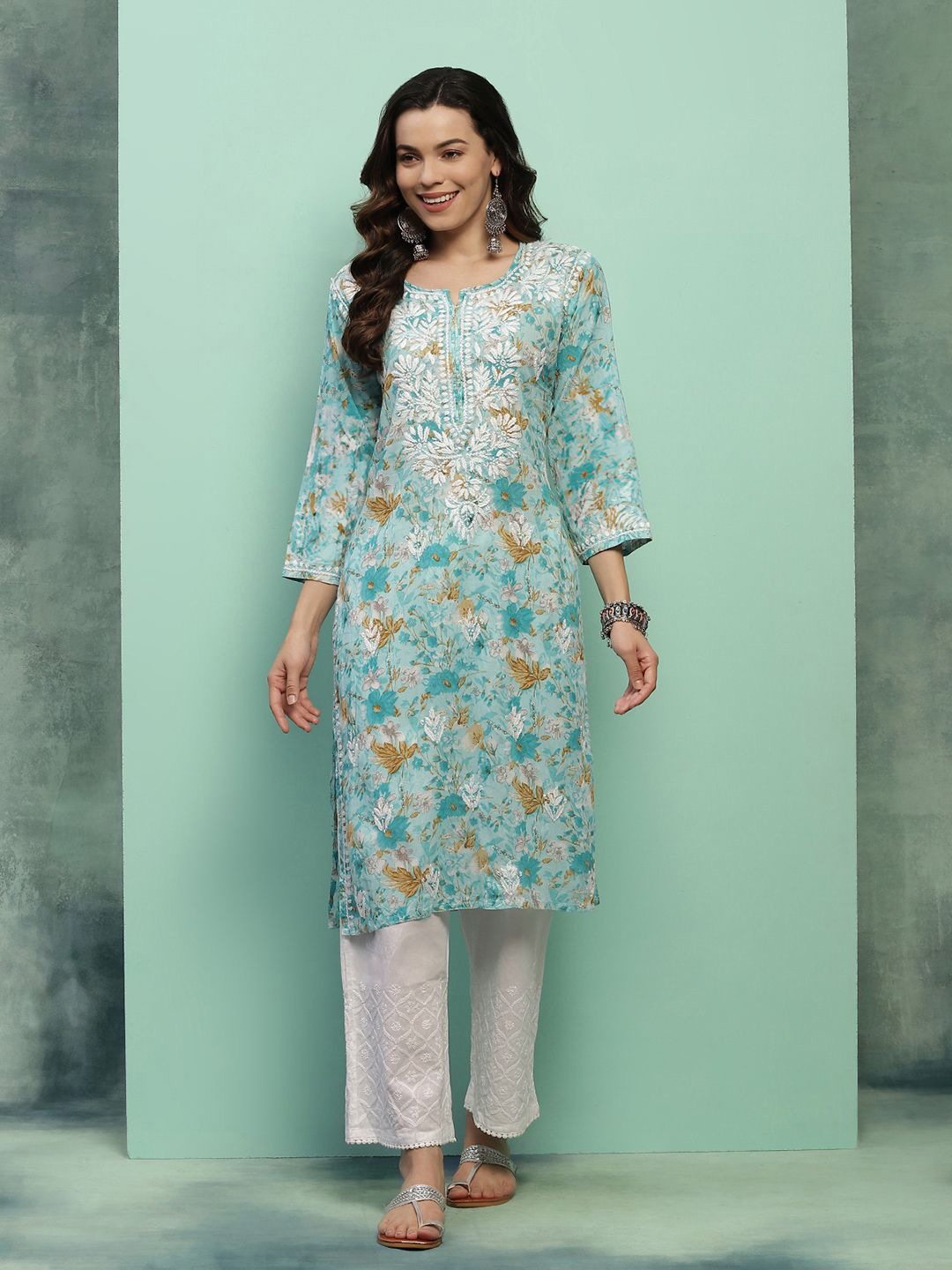 

House of Chikankari Chikankari Printed Kurta, Blue