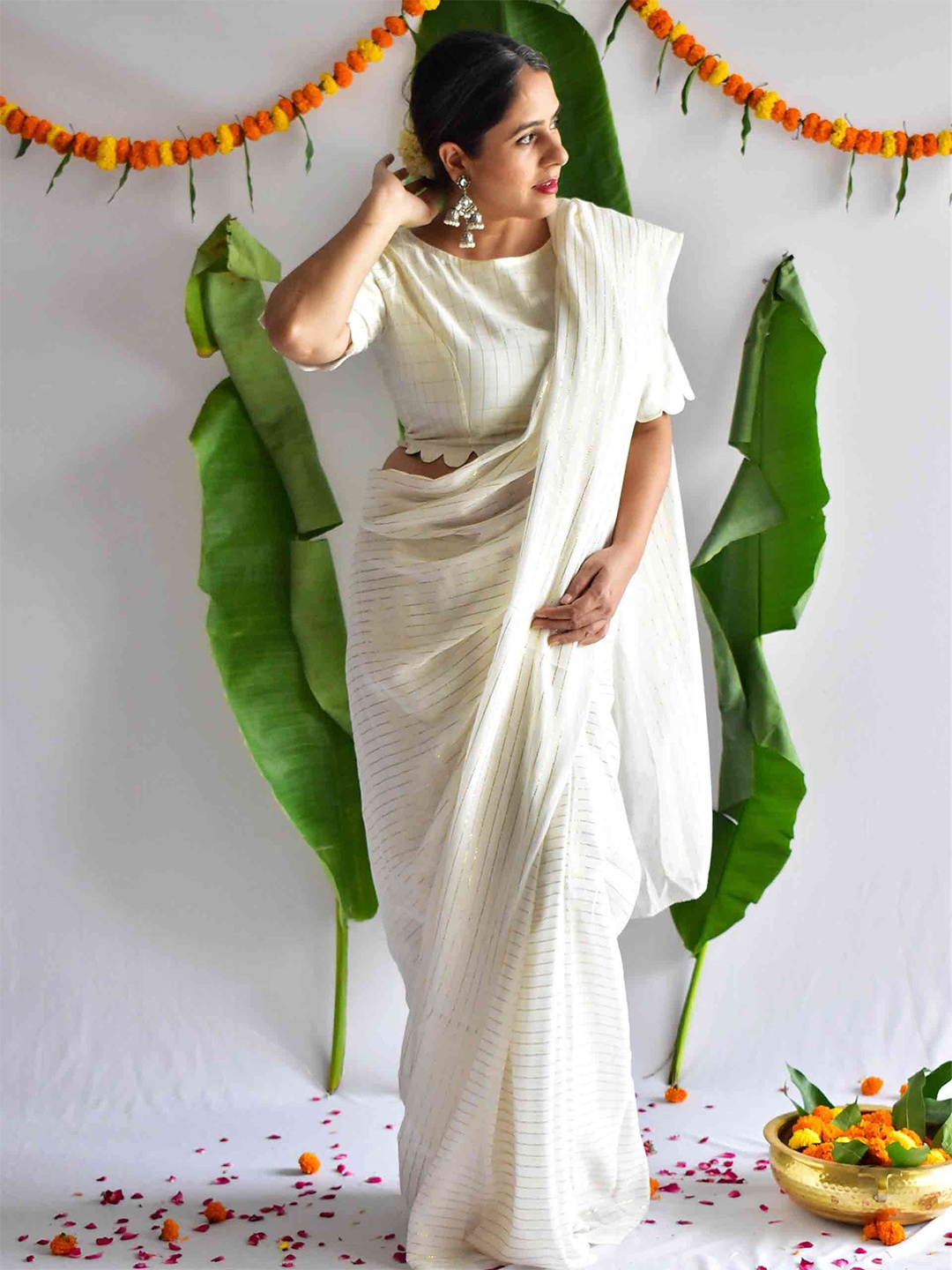 

Sundarii Pure Georgette Embellished Striped Festive Saree, White