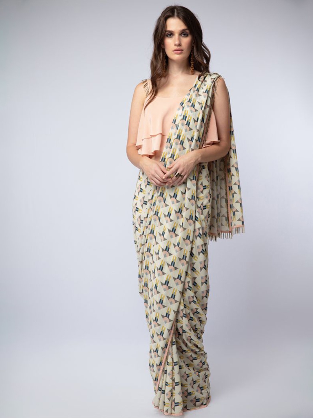 

Payal Singhal Printed Georgette Saree With Layered Blouse, Cream