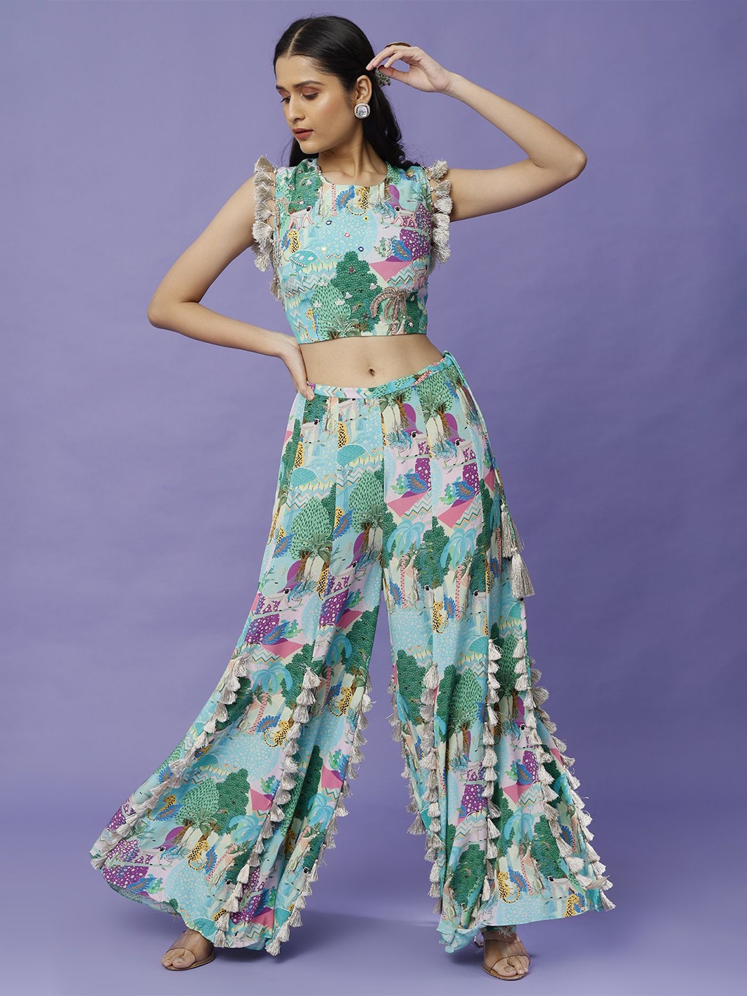 

Payal Singhal Printed Sleeveless Top & Flared Saharara Co-Ords, Green