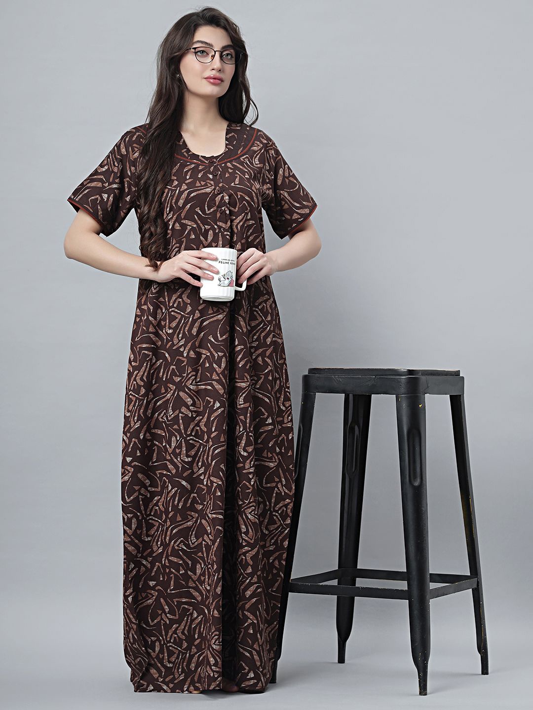 

QUIRA Printed Everyday Maxi Nightdress, Coffee brown