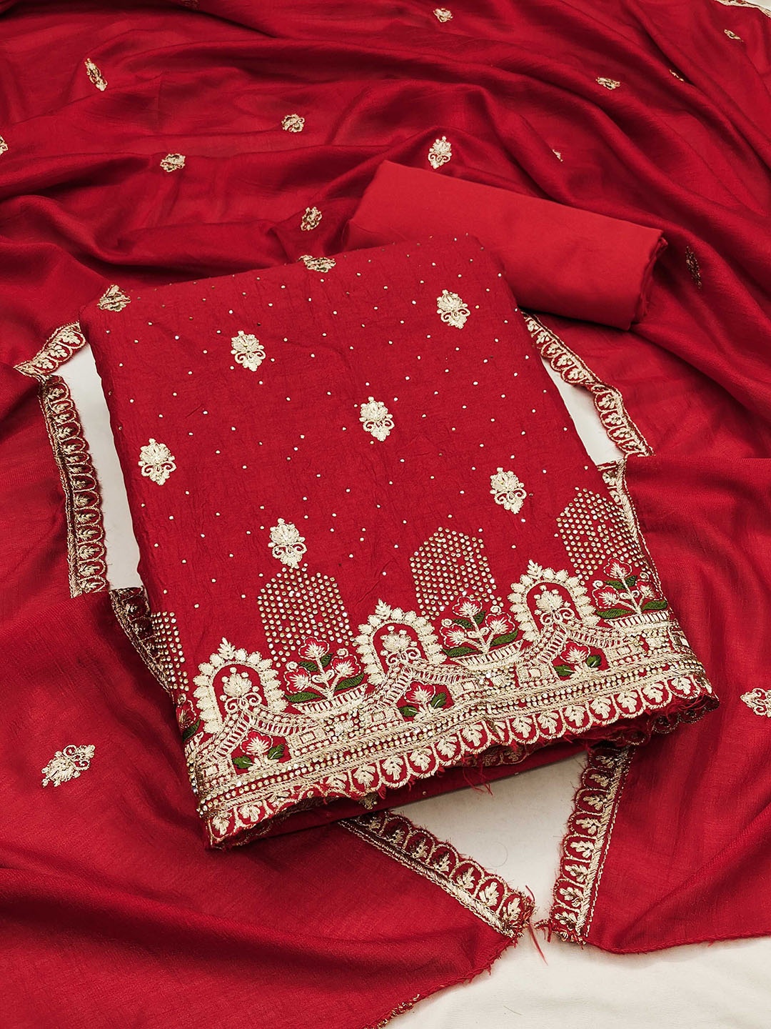 

Panzora Floral Embroidered Beads & Stones Unstitched Dress Material, Red