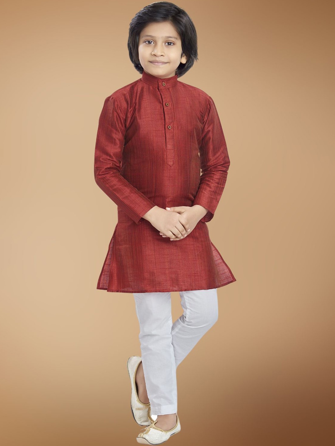 

SHIWAM ETHNIX Boys Band Collar Long Sleeves Cotton Silk Straight Kurta, Red